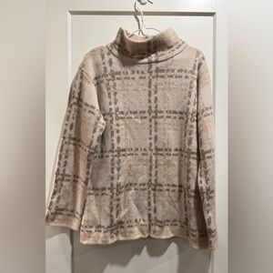 Hannah Rose Plaid Turtleneck Sweater Cream & Brown Merino Wool & Cashmere SizeM